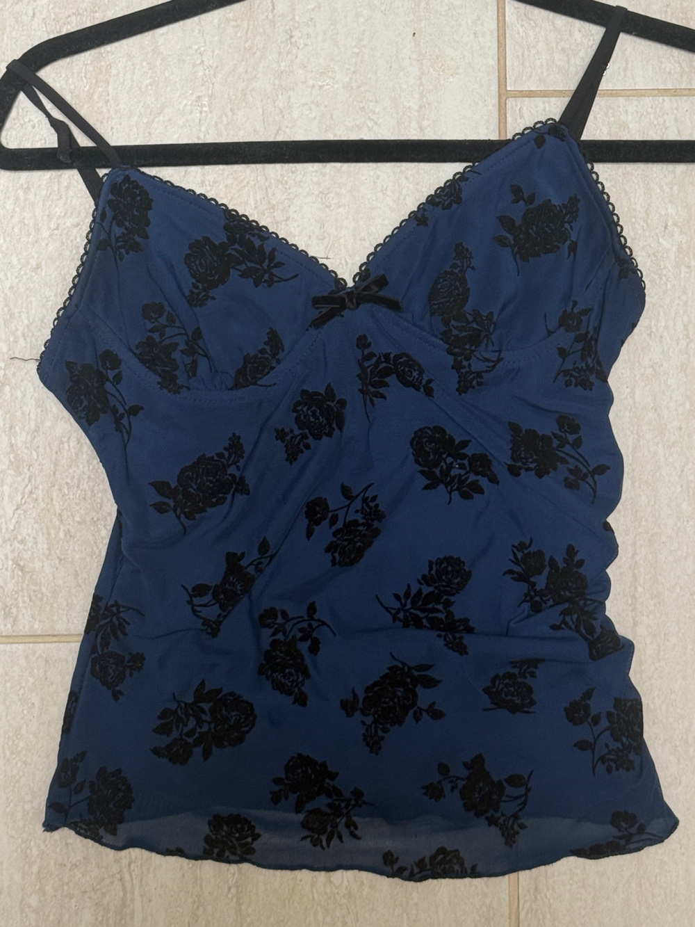 Source Unknown Navy Blue Camisole with Black Floral Burnout